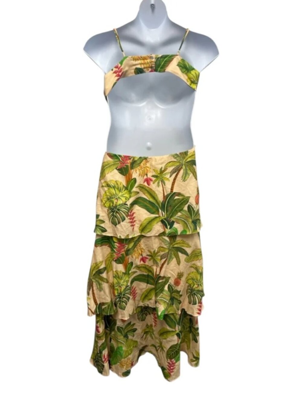 NWT FARM Rio Fruit Forest Linen Blend Maxi Dress XL Tropical Cutout Ruffle Sand - Picture 11 of 11